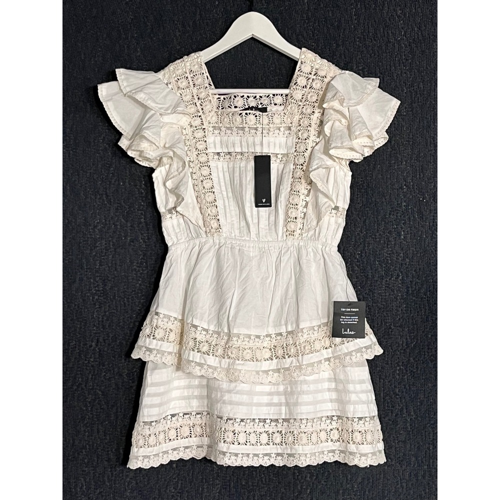 Lulus Sunny White Cotton Crochet Lace Tiered Mini Dress Flutter Sleeve Boho S